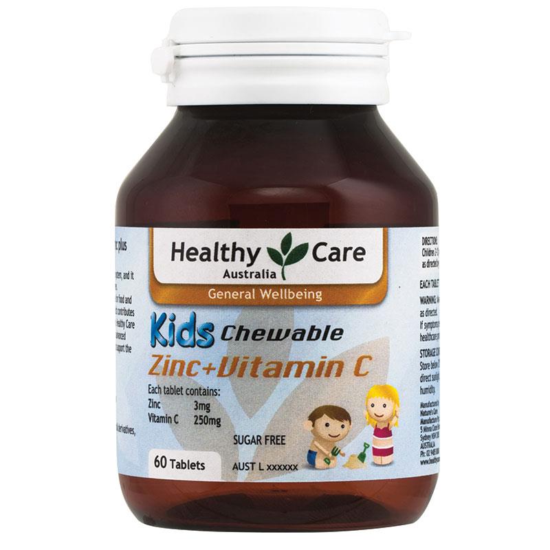 Kẹo Nhai cho bé Healthy Care Kids Zinc + Vitamin C 60 Chewable Tablets